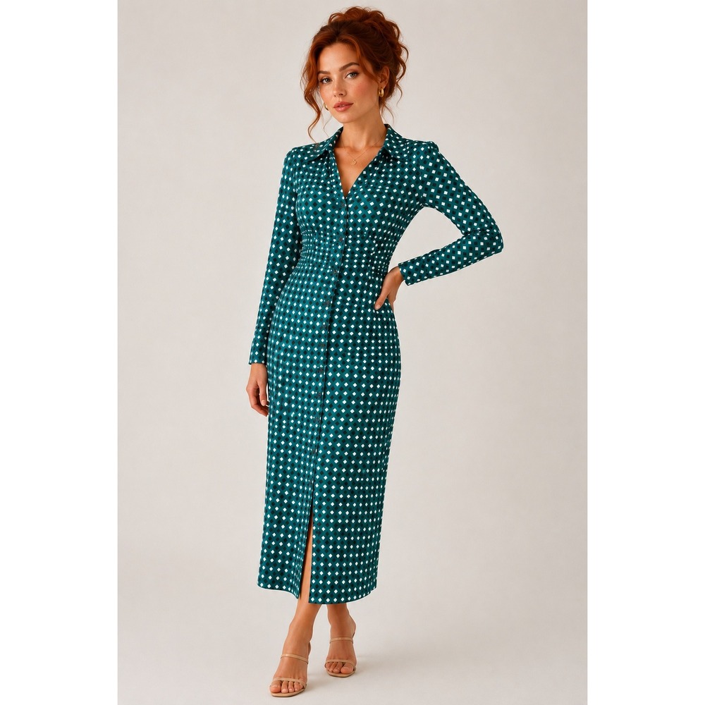 Easy Wear Green Dotted Button Front Midi Shirt Dress S Retro Minimalist Cottage